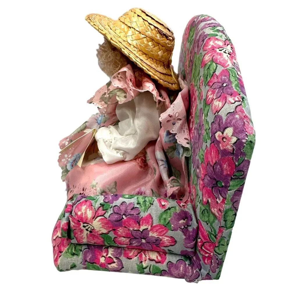 Vintage Pink Capodimonte Bisque Doll Couch Sofa Floral‎ Bisque Porcelain w/ Tag